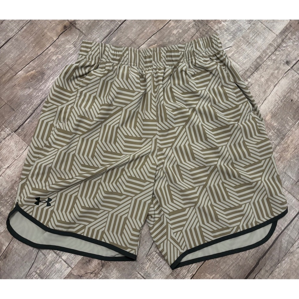 Under Armour Mens Geometric Pattern Athletic Shorts Tan Olive Green Medium Loose